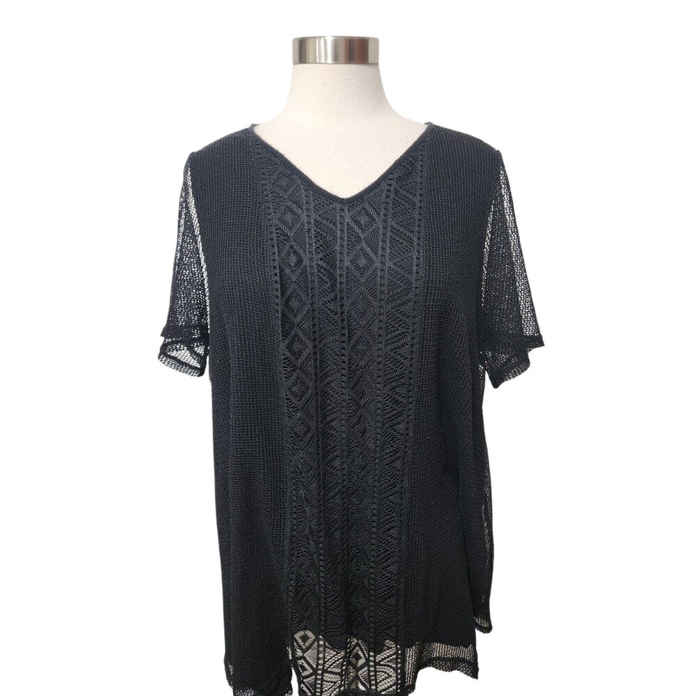 Catherines Top 0X 14/16W Black Embroidered Mesh Net Sharkbite Hem Lined